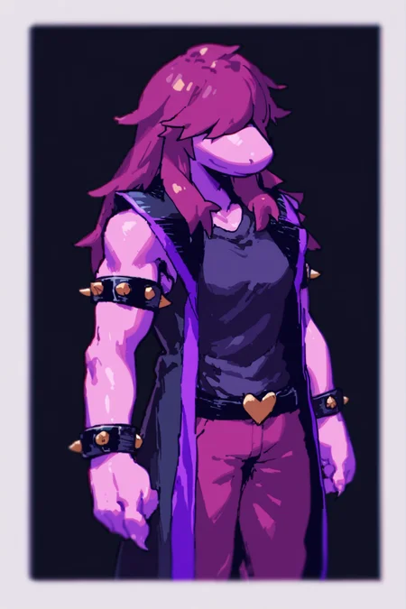 intricate details, score_9, score_8_up, score_7_up, score_6_up, score_5_up, source_anime,  <lora:Susie_-_Deltarune:1> susie_dr, anthro, scalie, simple background, hair over eyes, purple hair, tail, dark background, susiejacket, susiepants, studded bracelet, studded armlet, heart belt, medium breasts