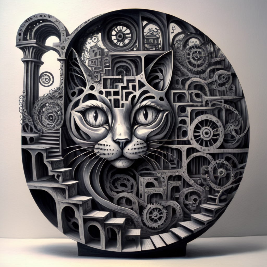 corcoc5s cat made of puzzles and mazes, optical illusions, bridges, depth and stairs, clock mechanisms, gears, black ink, very detailed<lora:corcoc5s:1>