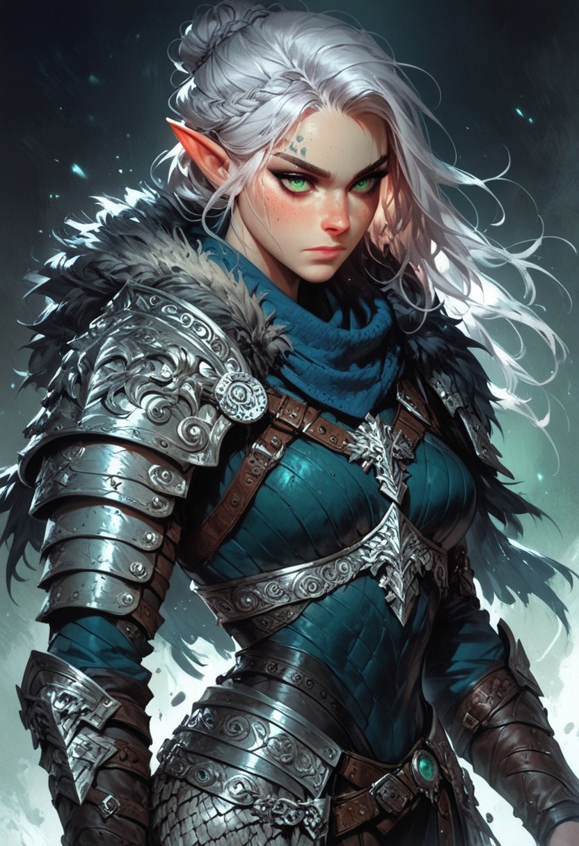 score_9, score_8_up, score_7_up, woman, simple background, dark background, green eyes, gorgeous, elf, fur outfit, black viking outfit, pale skin, solo, dark blue heavy armour, dark blue medieval armour, dark blue chainmail, mythril armour, elven ornaments, fur cloak, standing up straight, calm face, runic tattoos, silver hair, closed mouth, cowboy shot