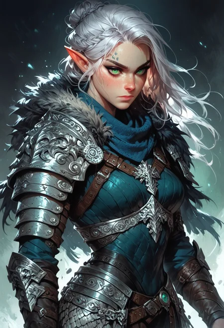 score_9, score_8_up, score_7_up, woman, simple background, dark background, green eyes, gorgeous, elf, fur outfit, black viking outfit, pale skin, solo, dark blue heavy armour, dark blue medieval armour, dark blue chainmail, mythril armour, elven ornaments, fur cloak, standing up straight, calm face, runic tattoos, silver hair, closed mouth, cowboy shot