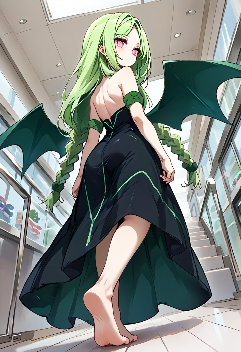 score_9, score_8_up, score_7_up, source_anime, momose kajitsu, 1gril, solo, green hair, long hair, parted bangs, twin braids, pink eyes, small breasts, bare shoulders,green striped black dress,strapless, strapless dress, long dress, green armband, wings, barefoot,, view from behind,  (escalator, posing on escalator), shopping mall, ass focus, low angle, busy scene, public crowd, on toes, expressionless,, cowboy shot, dutch angle, eye_focus, close-up, solo, looking_at_viewer,