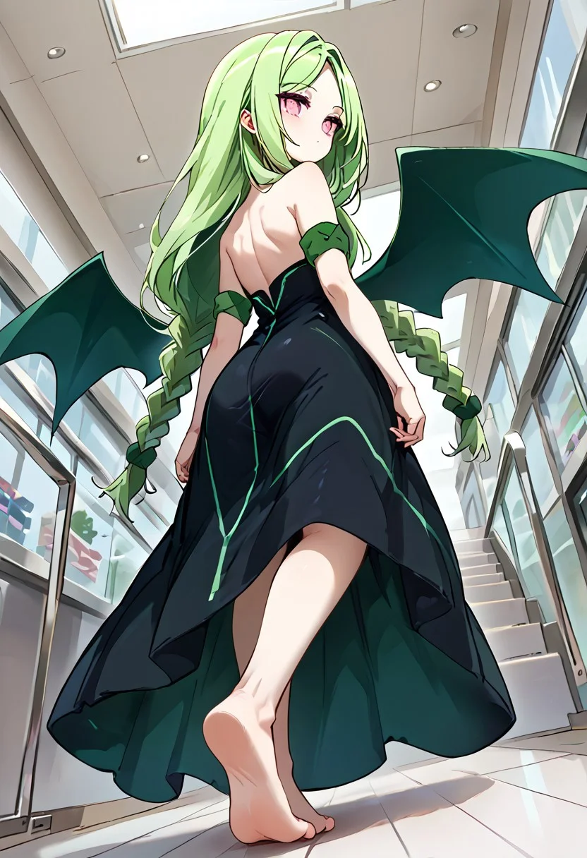 score_9, score_8_up, score_7_up, source_anime, momose kajitsu, 1gril, solo, green hair, long hair, parted bangs, twin braids, pink eyes, small breasts, bare shoulders,green striped black dress,strapless, strapless dress, long dress, green armband, wings, barefoot,, view from behind, (escalator, posing on escalator), shopping mall, ass focus, low angle, busy scene, public crowd, on toes, expressionless,, cowboy shot, dutch angle, eye_focus, close-up, solo, looking_at_viewer,
