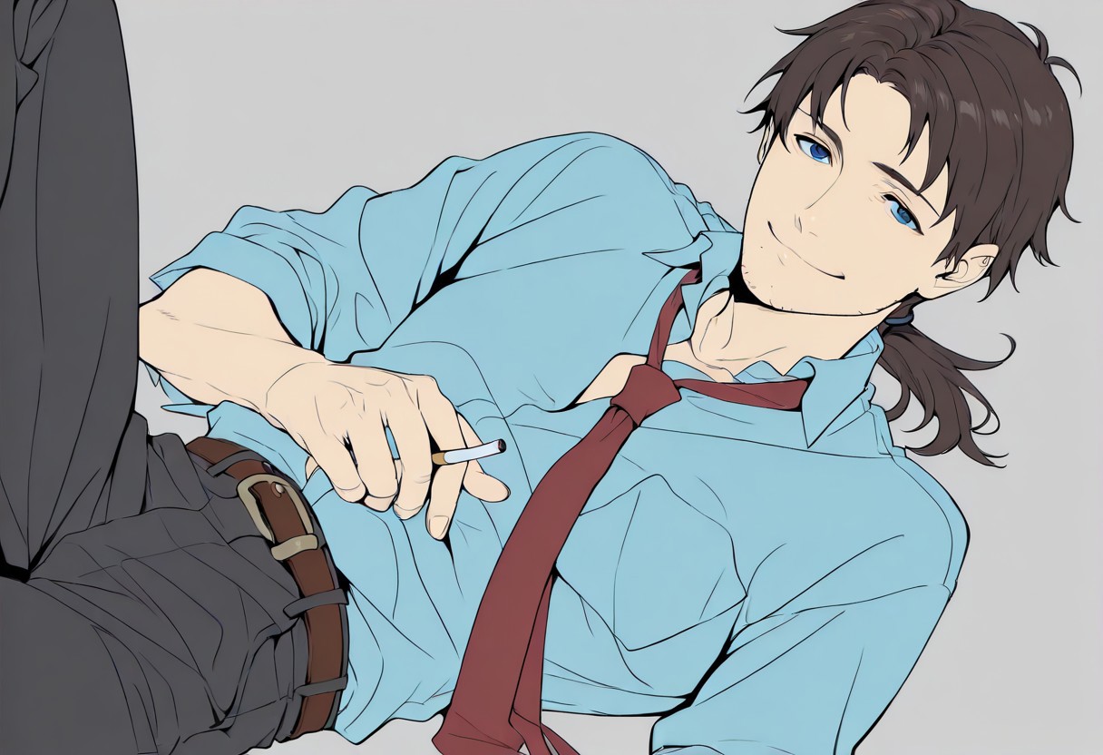 masterpiece, best quality, male focus, flat color, kaji,<lora:Degen_Ryoji_Kaji_v1-000009:.8> ponytail, blue shirt, red necktie, pants, holding cigarette, brown hair, belt, blue eyes, stubble, smiling, lying down, unbuttoned shirt