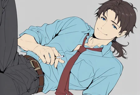 masterpiece, best quality, male focus, flat color, kaji,<lora:Degen_Ryoji_Kaji_v1-000009:.8> ponytail, blue shirt, red necktie, pants, holding cigarette, brown hair, belt, blue eyes, stubble, smiling, lying down, unbuttoned shirt