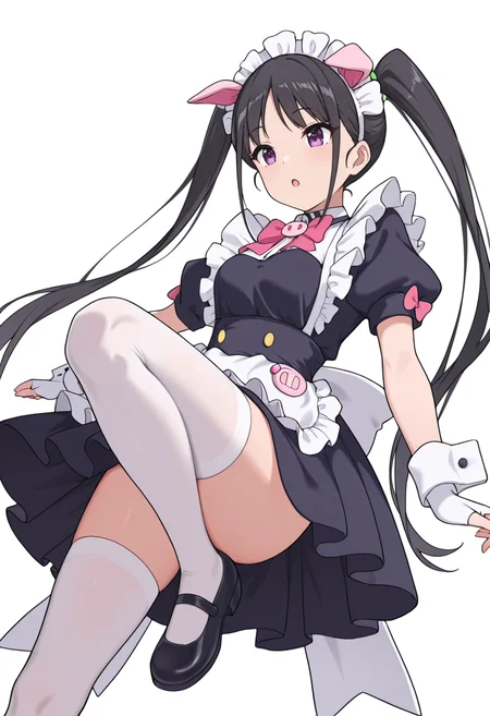 Smooth Quality,masterpiece,very intricate, high quality details, ultra realistic, high detailed skin,detailed enviorement,absurdres,
 <lora:Hiiragi_Yume_Yumechi_CNR:1> hiiragi_cnr, black hair, long hair, twintails, purple eyes,fake animal ears, pig ears, hiiragi_maid_cnr,maid, maid headdress, maid apron, frilled apron, black dress, puffy short sleeves,white thighhighs, black footwear,fingerless gloves,white wrist cuffs,pink bowtie, frills,, simple background, white background, from below,solo,
one arm extended forward, opposite leg extended back, parallel to floor  ,, :o,