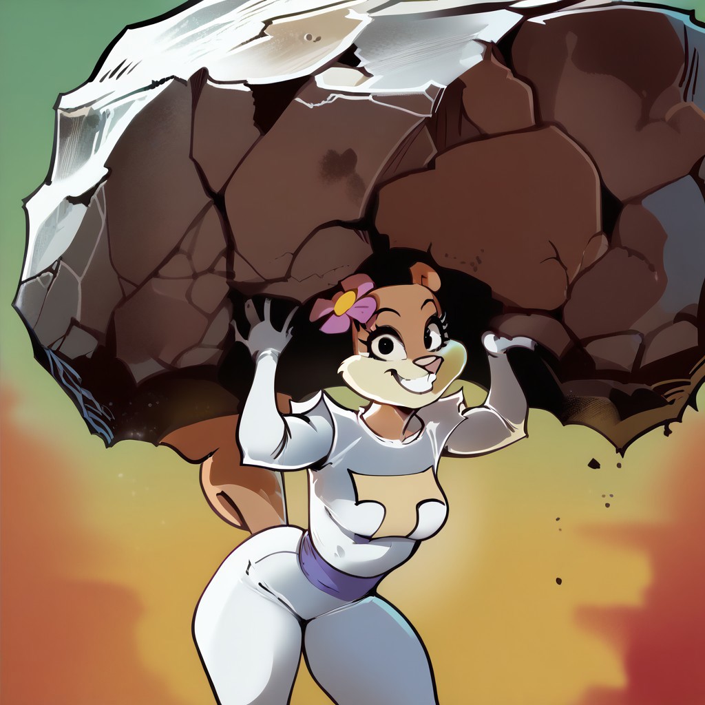 STYLES | PONY & ANIMAGINE
score_9, score_8_up, score_7_up 
   , masterpiece, beautiful,, 1girl, leaning forward, big smile, black eyes, furry female, brown fur, squirrel tail, teeth, single hairflower, 
, medium breasts, curvy, looking at viewer, cowboy shot, cute, girl lifting giant rock,holding giant rock, arms flexed, giant rock
cartoon, western cartoon style, anime screencap, 
<lora:SandyCheeks_character:1> SandyXLP
