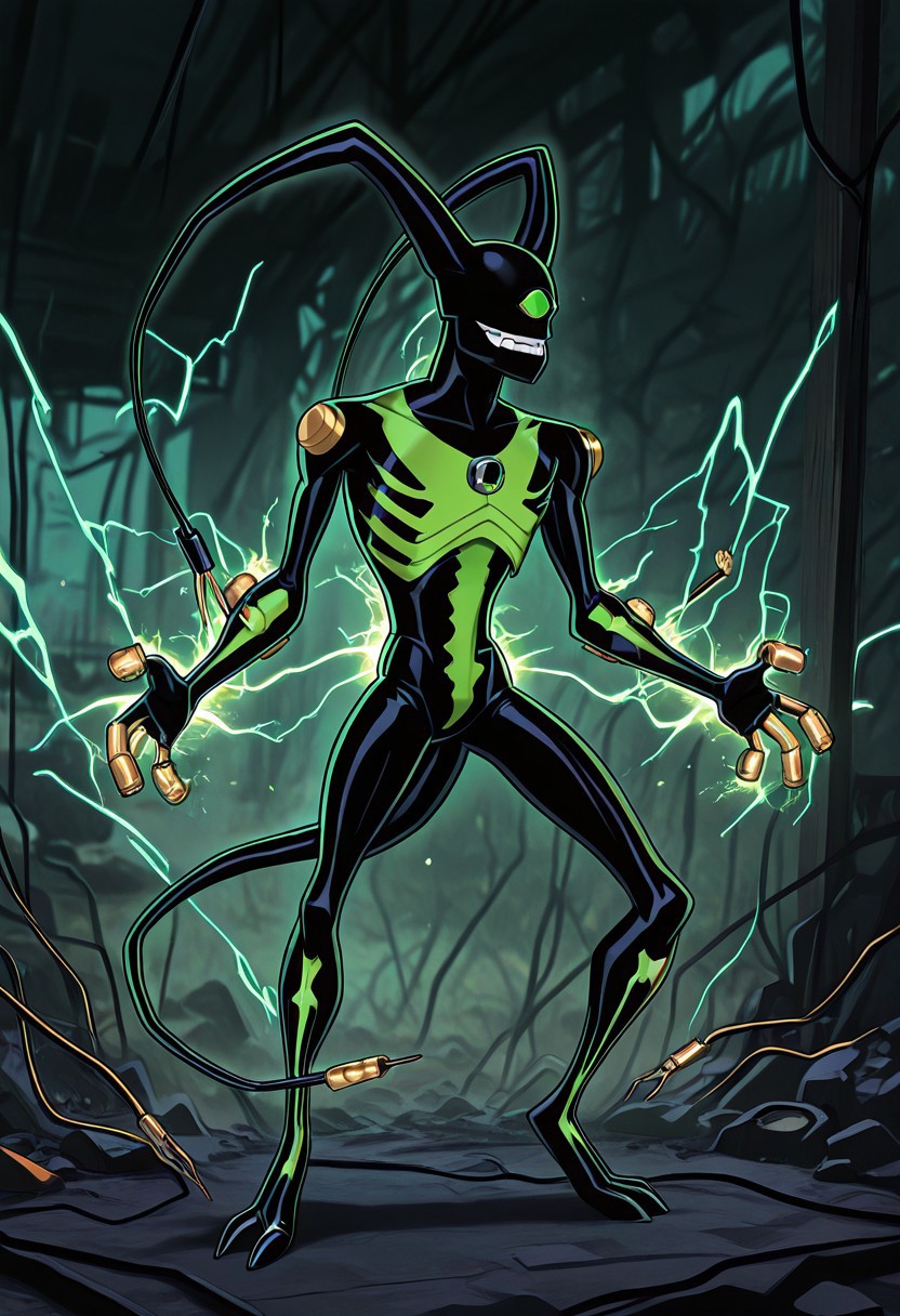 masterpiece, best quality, amazing quality, very aesthetic, absurdres, newest
feedback, solo, smile, , tail, 1boy, no humans, green eye, single eye, , digimon (creature), black skin, , alien, , , cables, , 
thunder, shocked, cartoon skeleton shock, open pose,