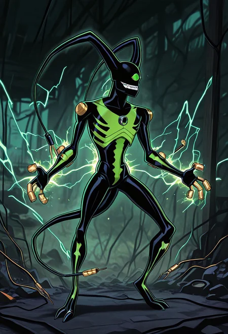 masterpiece, best quality, amazing quality, very aesthetic, absurdres, newest
feedback, solo, smile, , tail, 1boy, no humans, green eye, single eye, , digimon (creature), black skin, , alien, , , cables, , 
thunder, shocked, cartoon skeleton shock, open pose,