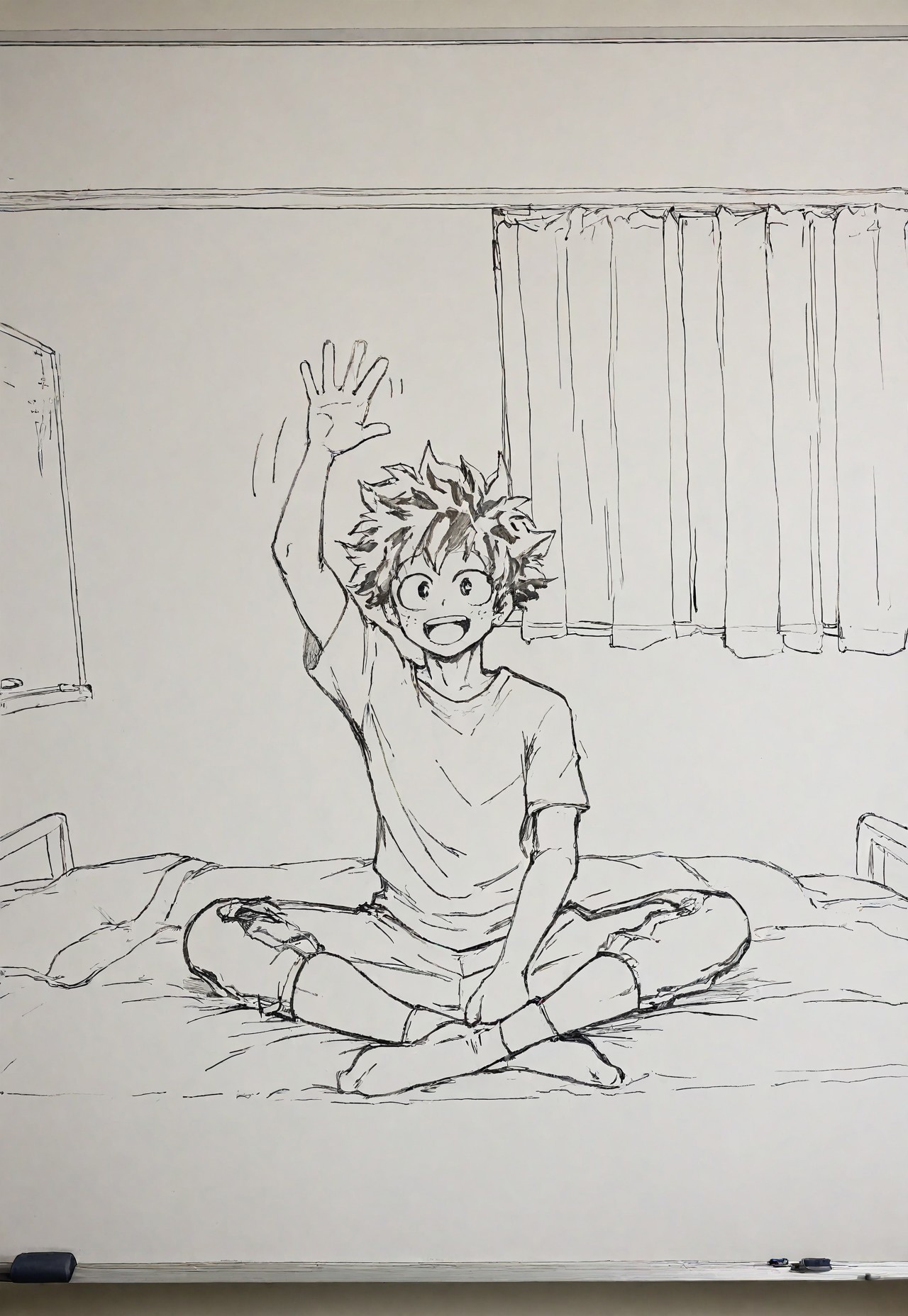 masterpiece, best quality, amazing quality, very aesthetic, absurdres, newest, detailed background, white3oard, whiteboard, (sketch:1.2), 1boy, solo, izuku midoriya, short hair, t-shirt, sweatpants, socks, on bed, indian style, waving, happy, curtains, window, traditional media, lineart, wide shot