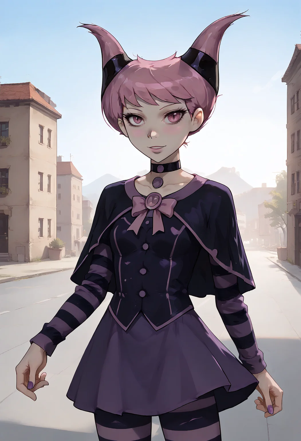 score_9, score_8_up, score_7_up, score_6_up, score_5_up, censored, best quality, high detail, <lora:StS_PonyXL_Detail_Slider_v1.4_iteration_3:4>, <lora:add-detail-xl:2>, <lora:NM_jinx_18tt:1>, BREAK NM_jinx_18tt, 1girl, solo, purple eyes, horns, pink eyes, colored skin, pink hair, purple hair, short hair, dress, purple dress, long sleeves, choker, capelet, pantyhose, striped, striped pantyhose, buttons, outdoors, looking at viewer, <lora:Smooth Style 2 SDXL_LoRA_Pony Diffusion V6 XL:1>