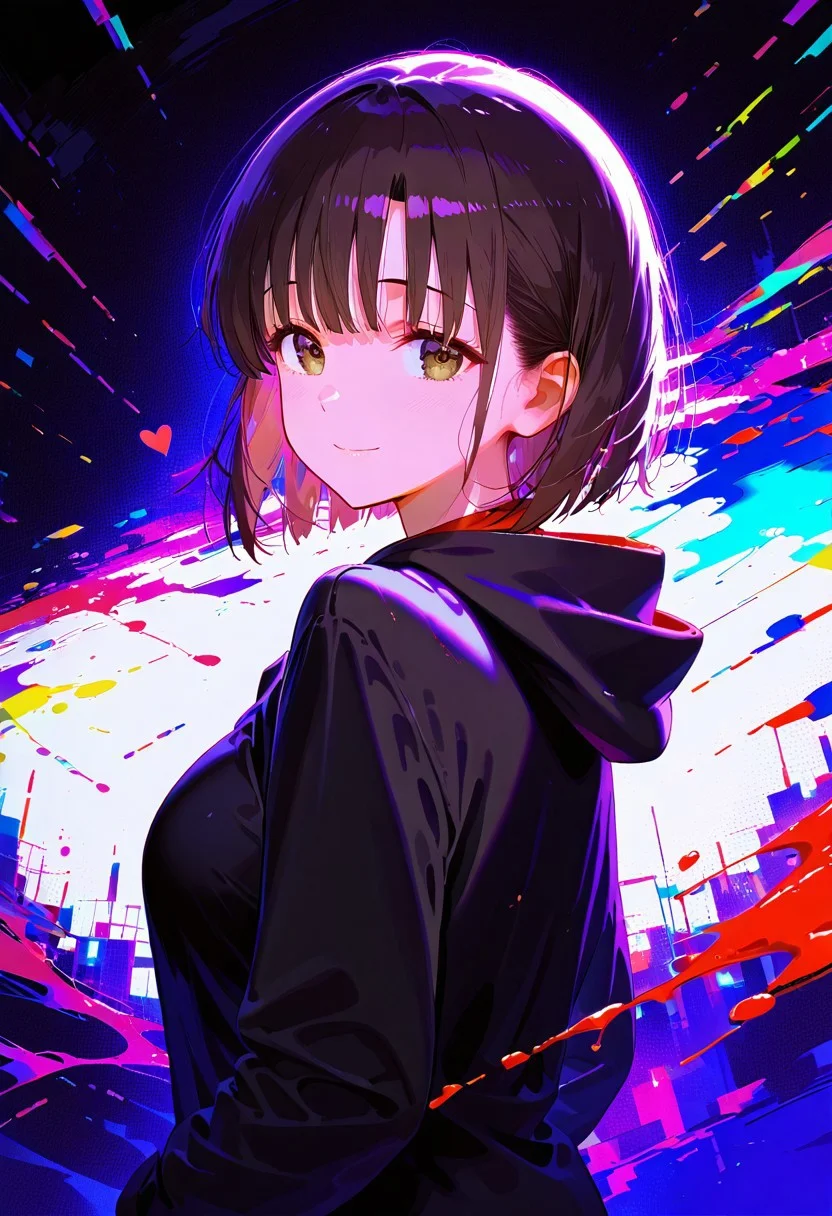 <lora:EtherPDXLStyleXL:1>, best quality, masterpiece, EtherPDXLStyle, 1girl, megumi katou, katou megumi , smile, looking at viewer, Megumi <lora:KatoMegumi:1>,brown hair,katou megumi,brown eyes, medium breasts , short hair, hood down, short hair, upper body, glitch, black hoodie, colorful, black jacket, paint splatter, long sleeves, abstract background, looking back, multicolored background, from side, hooded jacket, heart, chromatic aberration