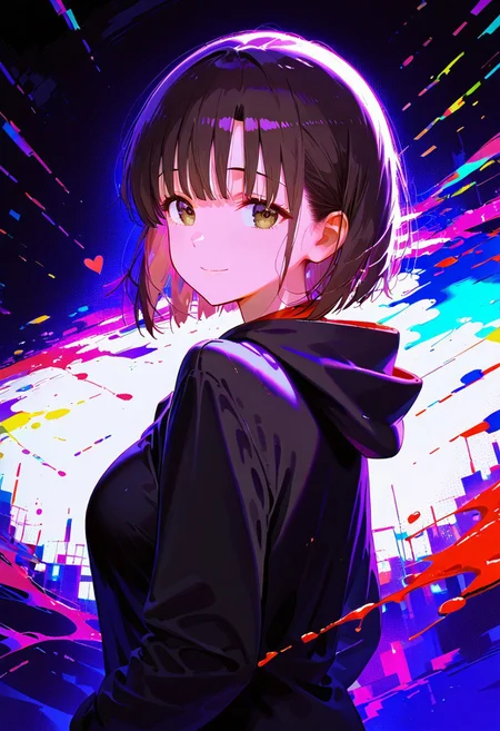 <lora:EtherPDXLStyleXL:1>, best quality, masterpiece, EtherPDXLStyle, 1girl, megumi katou, katou megumi , smile, looking at viewer, Megumi <lora:KatoMegumi:1>,brown hair,katou megumi,brown eyes, medium breasts , short hair, hood down, short hair, upper body, glitch, black hoodie, colorful, black jacket, paint splatter, long sleeves, abstract background, looking back, multicolored background, from side, hooded jacket, heart, chromatic aberration