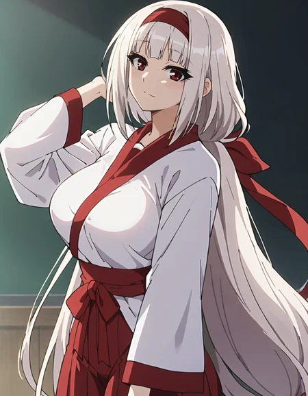 score_9,score_8_up,score_7_up,score_6_up,score_5_up,score_4_up,1girl, <lora:najimi_ajimu:0.75> najimi_ajimu,hair red band,hair band,red ribbon,(white hair),hair ribbon,very long hair,red low-tied long hair,big breasts,white kimono,long sleeves,red hakama,looking at viewer,, anime screencap,