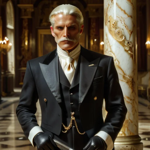 Hyperrealistic art <lora:DFOP-V3.0:1>1 man Sebastian, the loyal butler from Overlord, tall and imposing stature, broad shoulders, noble and dignified aura, perfectly groomed silver-white mustache that curves subtly downward, short silver-white hair with a neat fringe that frames his forehead elegantly, sharp and angular facial features, a clean-shaven beard area emphasizing his distinguished appearance, piercing golden eyes radiating wisdom and strength, wearing a meticulously tailored black suit, black shirt, and a crisp white cravat, pristine white gloves, standing in an opulent hall with grand marble pillars and ornate decor, his posture upright and composed, exuding an air of calm authority, faint aura of power, dynamic lighting, cinematic style, masterpiece, best quality, newest, absurdres, highres, DFOP-V3.0, oil painting, anime art style, high detail . Extremely high-resolution details, photographic, realism pushed to extreme, fine texture, incredibly lifelike