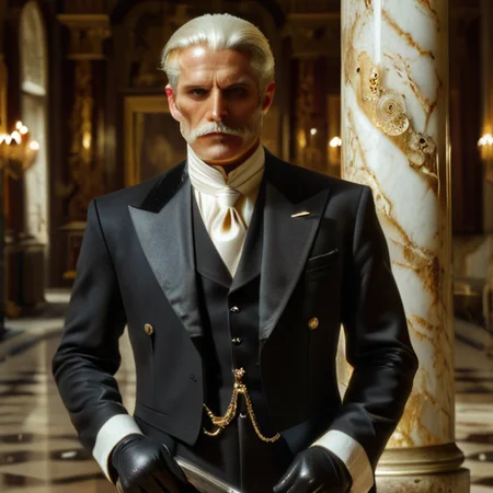Hyperrealistic art <lora:DFOP-V3.0:1>1 man Sebastian, the loyal butler from Overlord, tall and imposing stature, broad shoulders, noble and dignified aura, perfectly groomed silver-white mustache that curves subtly downward, short silver-white hair with a neat fringe that frames his forehead elegantly, sharp and angular facial features, a clean-shaven beard area emphasizing his distinguished appearance, piercing golden eyes radiating wisdom and strength, wearing a meticulously tailored black suit, black shirt, and a crisp white cravat, pristine white gloves, standing in an opulent hall with grand marble pillars and ornate decor, his posture upright and composed, exuding an air of calm authority, faint aura of power, dynamic lighting, cinematic style, masterpiece, best quality, newest, absurdres, highres, DFOP-V3.0, oil painting, anime art style, high detail . Extremely high-resolution details, photographic, realism pushed to extreme, fine texture, incredibly lifelike