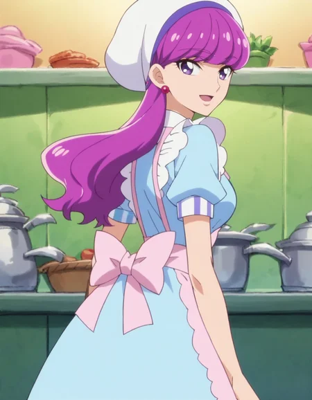 score_9, score_8_up, score_7_up, anime screencap, solo,1girl, kotozumeyukari, earrings, jewelry, hat, apron, smile, white headwear, dress, open mouth, looking at viewer, short sleeves, blue dress, cowboy shot,medium breasts,from behind, ass,<lora:kotozumeyukari:0.8>