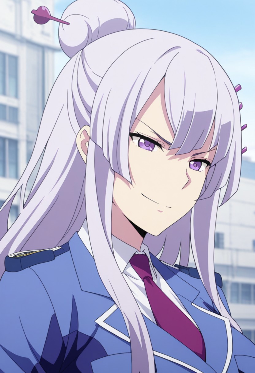 masterpiece,best quality,amazing quality, source_anime, 
Froleytia, 1girl, solo, purple eyes, purple hair, long hair, hair ornament, single hair bun, hair stick, uniform, shirt, white shirt, collared shirt, necktie, purple necktie, jacket, blue jacket, upper body, smile, closed mouth, determined,
outdoor,