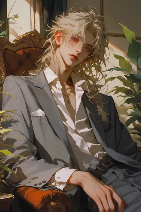 ((score_9, score_8_up, score_7_up)),  Expressiveh, <lora:Expressive_H:0.5>,    <lora:Niji_oil_painting_drawing-anime:0.8>, illustration, 2d, heavy impasto, 
a young man wearing suit, silver suit, reflective suit, white shirt, long hair, blonde, leaning, arms on the chair, open shirt, multiple necklace, sitting, confidence, head tilt, window, plants