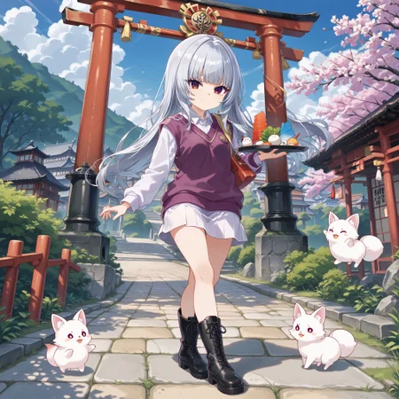 score_max, (score_9, score_8_up, score_7_up:1.0), score_6_up, official art, source anime,
, masterpiece, absurdres, high detail, 8k,
japanese shrine, torii, stone floor,
standing, holding tray, tofu, red fox, white fox, light smile, looking at viewer,
solo, 1girl, (chibi:1.2), luxu, silver hair, long hair, hcasual, collared shirt, white shirt, long sleeves, sweater vest, purple vest, miniskirt, white skirt, black footwear, boots
<lora:XL_Pony_MGCM-luxuria-t1:1>
