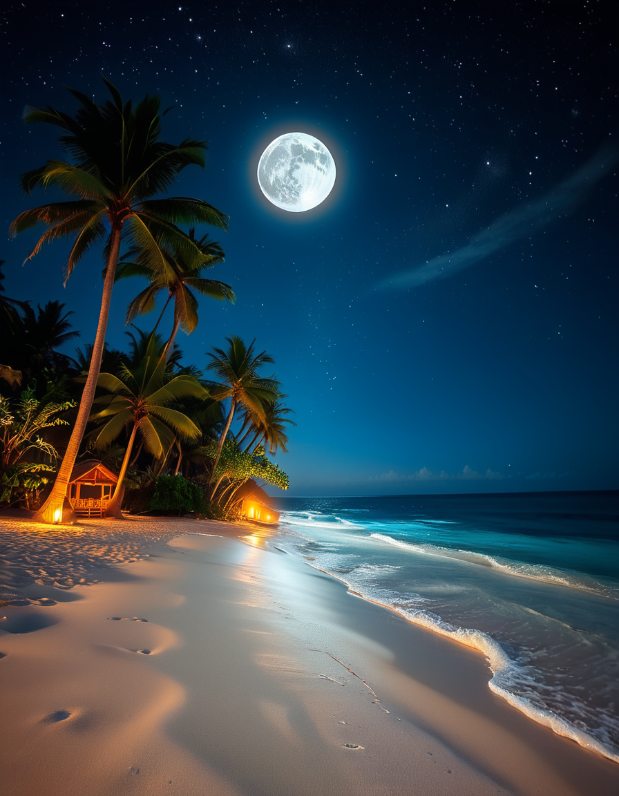 A breathtaking tropical beach at night, illuminated by the soft glow of the moon and twinkling stars. The ocean waves gently lap against the shore, reflecting silver moonlight. Tall palm trees sway slightly in the warm night breeze, their silhouettes contrasting against the deep blue sky. The sand appears smooth and slightly damp, glowing under the moonlight. In the background, distant islands are faintly visible on the horizon, their outlines softened by a light mist. The sky is filled with a mesmerizing display of stars, with the Milky Way faintly visible. The atmosphere is tranquil and serene, evoking a sense of peace and wonder. The image has a high level of detail, realistic textures, and a dreamy cinematic quality.
<lora:SDXLFaeTastic2400:0.4> <lora:extremely_detailed:0.4> extremely detailed,  <lora:tropical_beach_4t_n1ght:1>,tropical beach 4t n1ght, Masterpiece,best quality,hi res,8k,hi res,8k,award winning,(sharp focus, intricate, highly detailed),