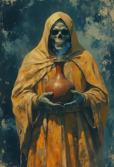 fg ,midjourney,
Dark fantasy , painting with dim gritt, skull reaper,Golden robe with blue shining futuristic patterns, grainy painting that is too grand in aura, holding a red vase that leaks black smoke from top , vase is emroided in golden patterns
gritty dark fantasy,