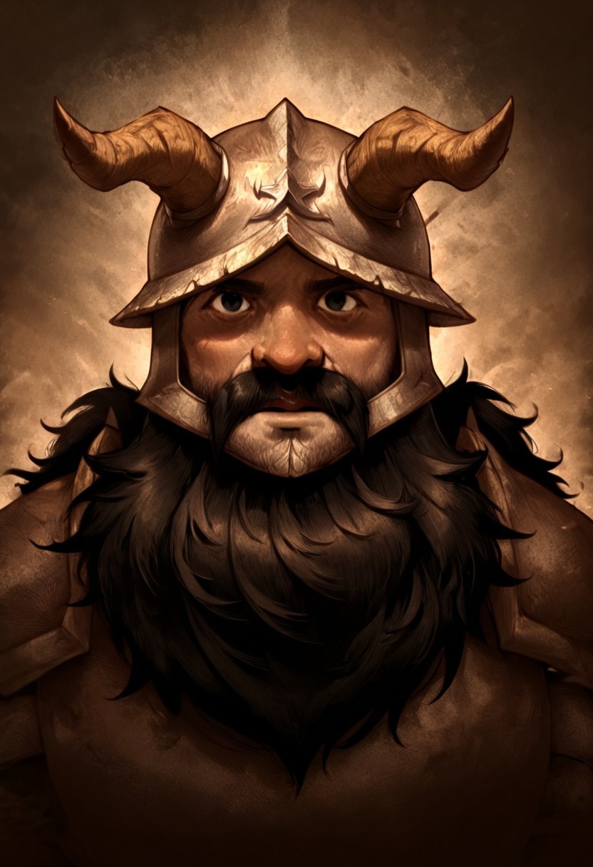 masterpiece, best quality, newest, absurdres, highres, D3CSPS-V1.0, brown theme, sepia, 1boy, senshi_(dungeon_meshi) /(dungeon meshi/), dwarf, beard, helmet, black hair, black eyes, horns, fake horns, horned helmet,