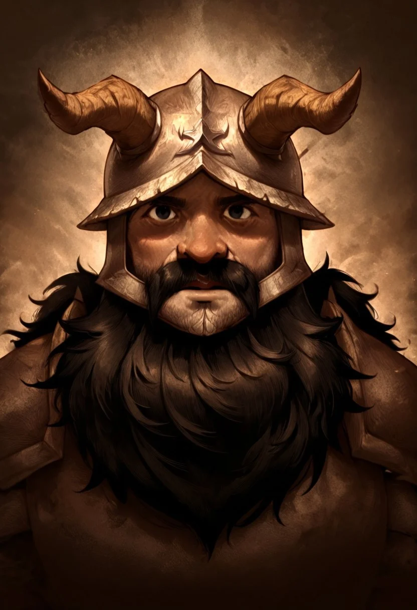 masterpiece, best quality, newest, absurdres, highres, D3CSPS-V1.0, brown theme, sepia, 1boy, senshi_(dungeon_meshi) /(dungeon meshi/), dwarf, beard, helmet, black hair, black eyes, horns, fake horns, horned helmet,