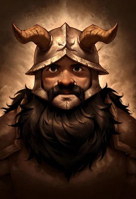 masterpiece, best quality, newest, absurdres, highres, D3CSPS-V1.0, brown theme, sepia, 1boy, senshi_(dungeon_meshi) /(dungeon meshi/), dwarf, beard, helmet, black hair, black eyes, horns, fake horns, horned helmet,
