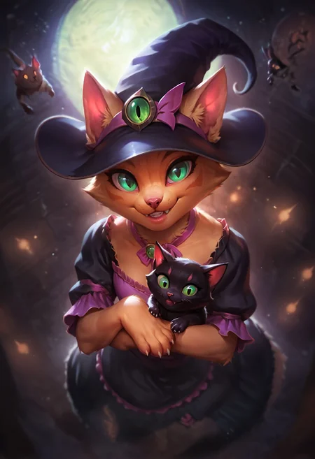 score_9, score_8_up, score_7_up, score_6_up, score_5_up, score_4_up, Source_Furry, cat, black cat, cute, fluffy, green eyes, smile, looking at viewer, head tilt, portrait, detailed, dramatic lighting, <lora:ArtStyle_Bewitching_Fantasy:0.75> b3w1tch, witch hat