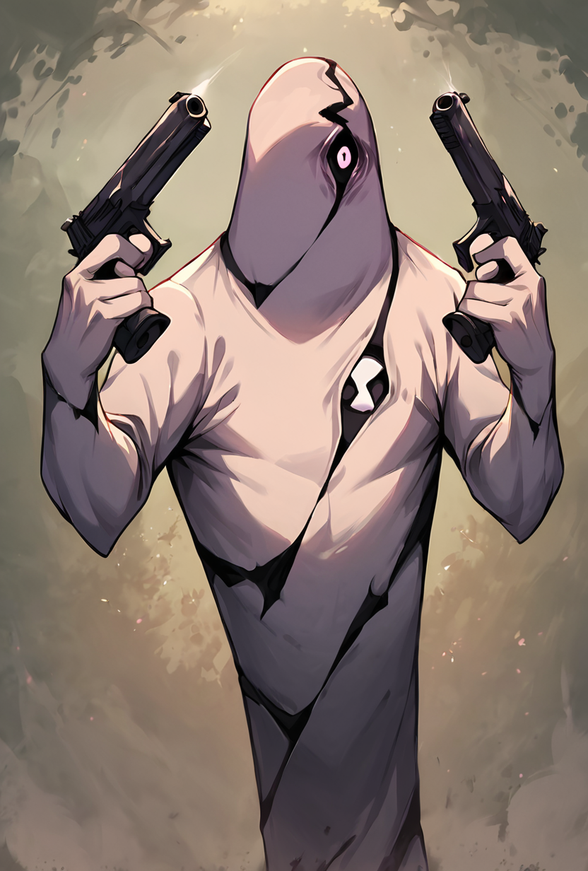 score_9, score_8_up, score_7_up,,  good quality ,, character focus, solo, , best quality , detailed background,  <lora:ghostfreak-05:1> ghostfreak, solo, no humans, purple eye, ghost, simple background <lora:DanielRadcliffeHoldingTwoGunsMeme_pdxl_Incrs_v1:1> handgun, holding gun, holding weapon, dual wielding, finger on trigger, smile, grin, crazy eyes