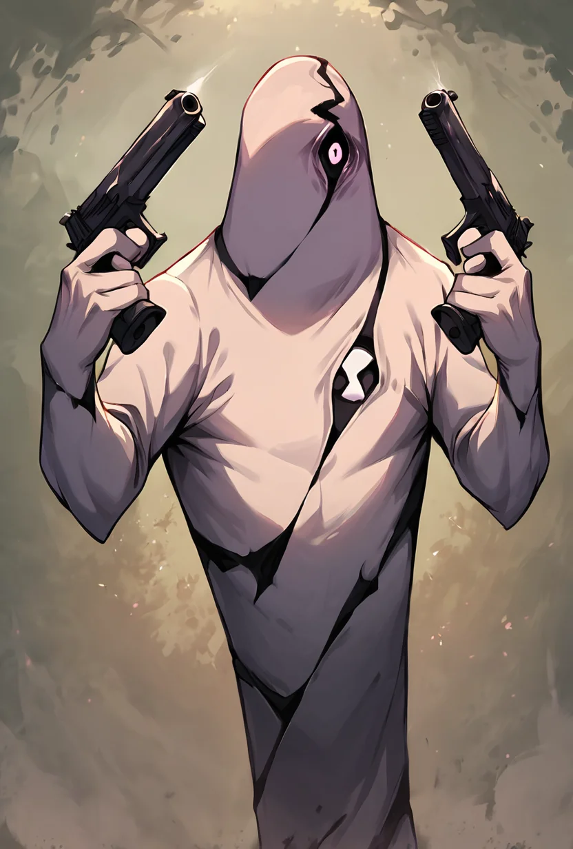 score_9, score_8_up, score_7_up,, good quality ,, character focus, solo, , best quality , detailed background, <lora:ghostfreak-05:1> ghostfreak, solo, no humans, purple eye, ghost, simple background <lora:DanielRadcliffeHoldingTwoGunsMeme_pdxl_Incrs_v1:1> handgun, holding gun, holding weapon, dual wielding, finger on trigger, smile, grin, crazy eyes
