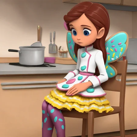 masterpiece, best quality, solo, bb_cf, brown hair, blue eyes, wings, chef coat, skirt, pantyhose, sitting, chair, kitchen