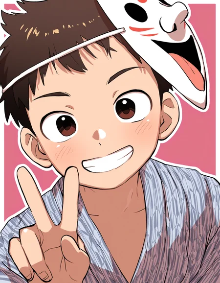 masterpiece, eeroku-style, pink background, white border, white outline, 1boy, solo, brown hair, smile, japanese clothes, yukata, smiling, upper body, mask on top of head, peace sign <lora:a6_naiXL_v1Nb-ShoAI:1>