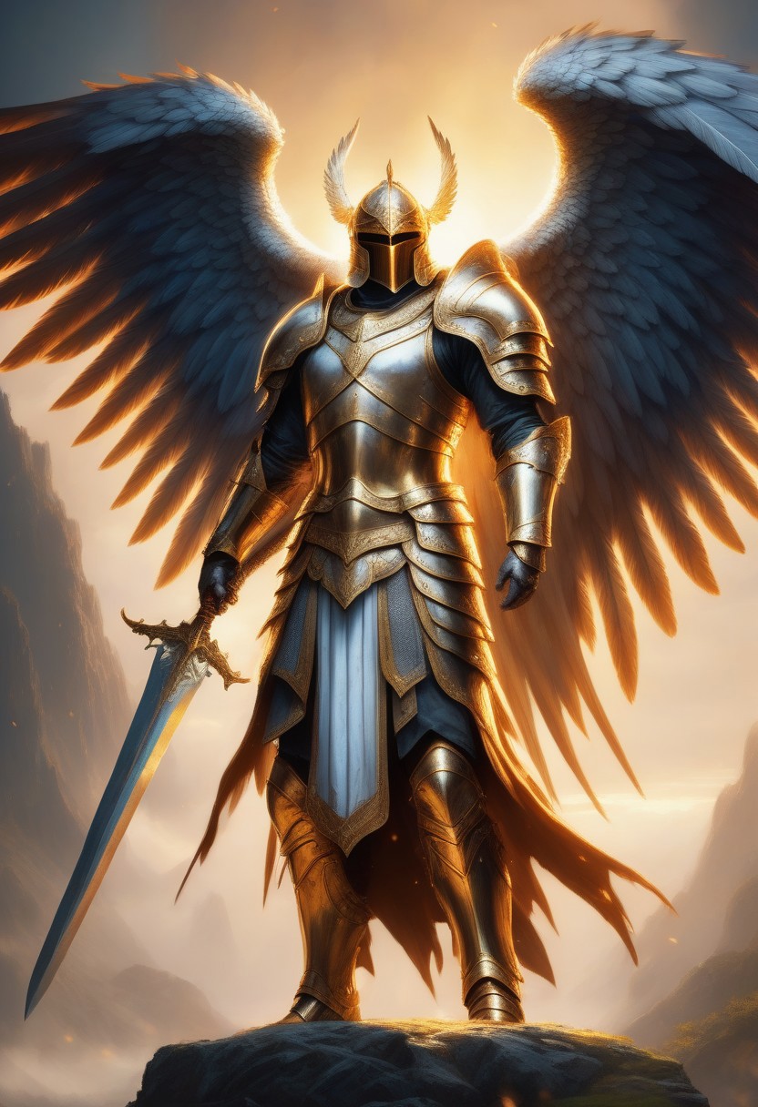 Archangel warrior, divine armor, holy sword, epic fantasy art, highly detailed, photorealistic, 8k resolution, cinematic lighting, dramatic shadows, intricate details, texture and depth, vibrant colors, epic battle scene, angel wings, heavenly glow, powerful stance, sword raised high, determined expression, epic background, fantasy landscape. Improved.