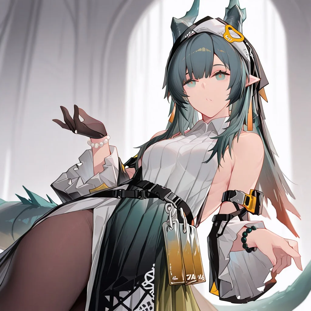 solo, 1girl, xaihi, bare_shoulders, sideboob, small_breasts, multicolored_dress, black_dress, green_dress, white_dress, belt_pouch, frilled_sleeves, frills, long_sleeves, wide_sleeves, single_glove, black_gloves, pearl_bracelet, bracelet, dragon_tail, green_tail, pantyhose,,
masterpiece,