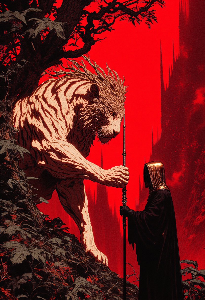 A hyper realistic surreal abstract rendering of a poised white tiger crouching in a ready-to-strike pose amidst exaggerated, twisted vines and surreal vegetation, seamlessly intertwined with a solemn nun standing in profile, gripping a futuristic crossbow. The tiger’s pristine white fur glows faintly in the crimson red light that drenches the scene, its body taut with predatory grace, while the nun’s chrome veil reflects distorted fragments of the chaotic, vine-covered environment. The exaggerated vegetation spirals in impossible directions, forming a surreal framework of vines, oversized glossy leaves, and gnarled trees that merge with a barren plain of black soil transitioning into vivid red earth. Red fluffy smoke floats ethereally across the ground, partially obscuring the nun and enveloping the tiger, adding layers of mystery. The distant horizon reveals a faint, alien city glowing ominously through the haze, its jagged spires blending with the surreal vegetation. The red light creates bold contrasts, emphasizing the reflective surfaces of the chrome veil and the glossy, alien textures of the vines, leaves, and soil. This abstract, dreamlike digital artwork combines human reverence and primal ferocity, immersing the viewer in a world of stark contrasts and surreal beauty. HD, 8K quality, ultra-detailed, masterpiece artwork, flawless anatomy.