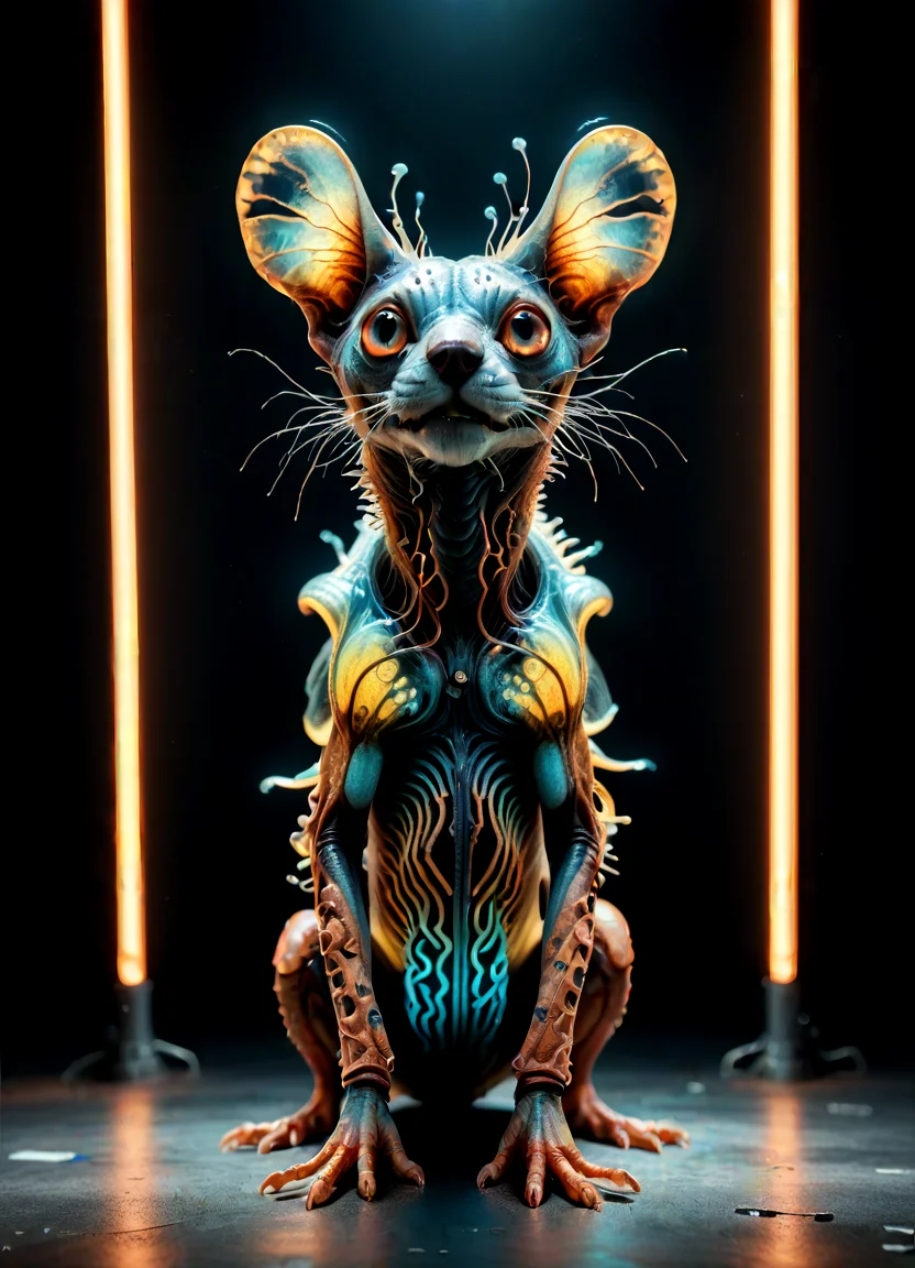 (Ombre color scheme of neon orange ,neon light blue ,neon light orange ) score_9, score_8_up, score_7_up, source_photo, (photography, realistic:1.4), <lora:add-detail-xl:2>, subsurface scattering, Photorealistic, Hyperrealistic, analog style, realistic, film photography, soft lighting, heavy shadow, BREAK  <lora:The Weirdies (Pony)_epoch_10:0.88>theweirdpony, alien-like creature [dog | rat | beetle], no humans <lora:br1ghtXLP:0.6> br1ght, trippy,