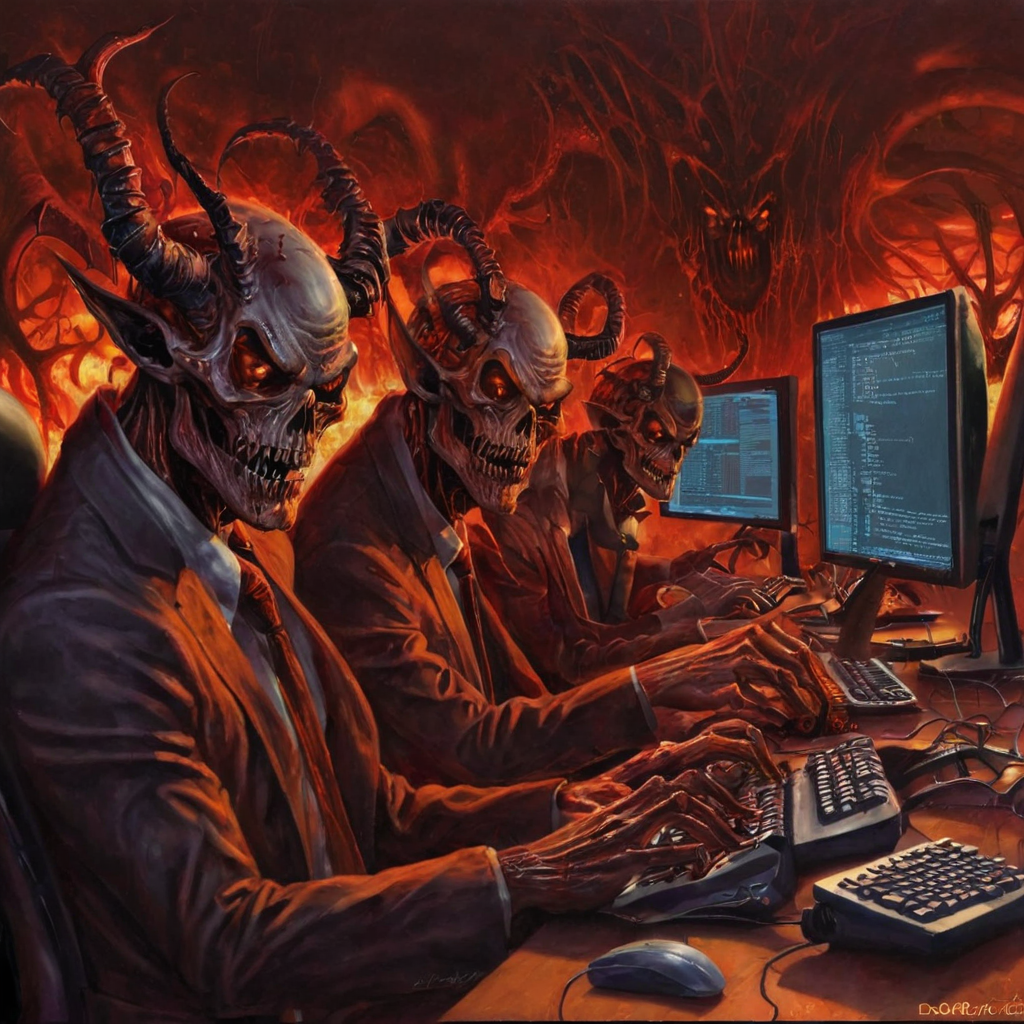 Realistic detailed Painting of creepy programmers   in demonic startup
<lora:EdobHell2_XL_v1.0:1>