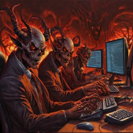 Realistic detailed Painting of creepy programmers   in demonic startup
<lora:EdobHell2_XL_v1.0:1>