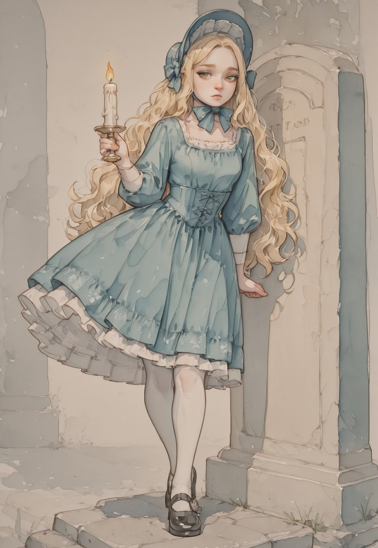 ( watercolor):2, (pastel colors), high detail, (lineless:1.2), (realistic), detailed, depth of field, dynamic lighting, masterpiece, detailed_eyes, high_quality, best_quality, highres, (muted colors), pencil lines,
woman, sweet, gentle, refined, Victorian girl, white skin, green eyes, high forehead, golden hair, very long hair, tangled hair, wavy hair, blue bonnet hat, tied with a bow under the chin, full blue dress, Victorian dress, decorated with bows and flounces, thin waist, skirt with petticoat, knee-length, closed dress, small breasts, white stockings, black classic shoes,
standing in a gloomy crypt, leaning over a tombstone, holding a candle, a sad, suffering look,