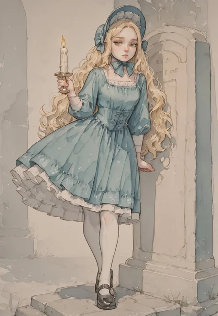 ( watercolor):2, (pastel colors), high detail, (lineless:1.2), (realistic), detailed, depth of field, dynamic lighting, masterpiece, detailed_eyes, high_quality, best_quality, highres, (muted colors), pencil lines,
woman, sweet, gentle, refined, Victorian girl, white skin, green eyes, high forehead, golden hair, very long hair, tangled hair, wavy hair, blue bonnet hat, tied with a bow under the chin, full blue dress, Victorian dress, decorated with bows and flounces, thin waist, skirt with petticoat, knee-length, closed dress, small breasts, white stockings, black classic shoes,
standing in a gloomy crypt, leaning over a tombstone, holding a candle, a sad, suffering look,
