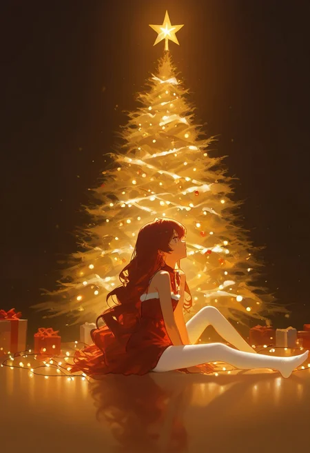 1girl, alone, sitting, bare shoulders, red and black clothes, white tights, christmas clothes, dark red hair, long wavy hair, flat chest, looking away, christmas tree, christmas decoration, side view, sitting, christmas lights, masterpiece, highres, absurdres solo, score_9, score_8_up, score_7_up, 2d color,
