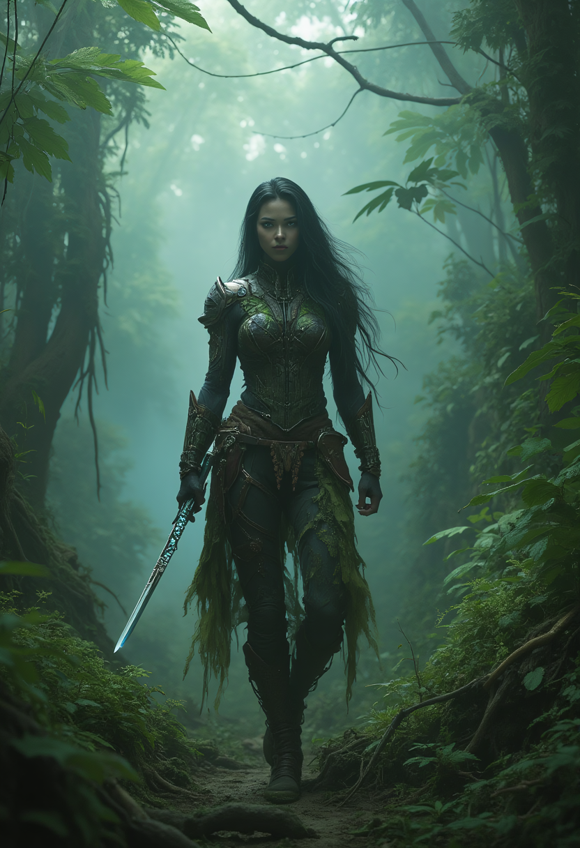vikingpunk style, futuristic warrior-princess emerges from the heart of a densely mist-shrouded jungle, the lush canopies overhead filtering the sunlight with an atmospheric perspective. Clad in a sleek suit homespun fibrous armor that seems grown from the plants around them, her athletic physique is accentuated by the high tech augmented enhancements. Her raven-black hair cascades down her back, her piercing dimly glowing mechanical eyes gleam with an unyielding determination. A slender, crystalline energy sword dangles in her grasp, pulating with an echo the heartbeat of the jungle itself. The humid air whispers of ancient secrets hidden within the mist-shrouded ruins scattered throughout the jungle.  <lora:other/fluxVikingPunk_v1:1.0>, <lora:other/fluxAugments_v1:0.5>, <lora:other/paradiffflux.safetensors:1.0>, . Nordic and Viking-inspired aesthetic with armor elements, mechanical enhancements, and futuristic technology