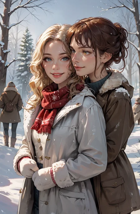 score_9_up, score_8_up, score_7_up, Casual, shiny skin,cell_shading, detailed, detailed background, detailed face,
2girls, snowy environment, winter environment, serene theme, cold breeze, standing in the snow, soft cold lighting
BREAK
snow-covered pine trees, gentle snowfall, footprints in the snow
BREAK
1girl, long hair, curly hair, blonde hair, cozy style, thick red scarf, white winter coat, cheerful emotion, smiling expression, wearing mittens
BREAK
1girl, short hair, straight hair, brown hair, cozy style, puffy silver jacket, playful emotion, 
<lora:incase-ilff-v3-4:0.2> <lora:DTLDR-2:0.8> <lora:LVTHN:0.7> lvthn