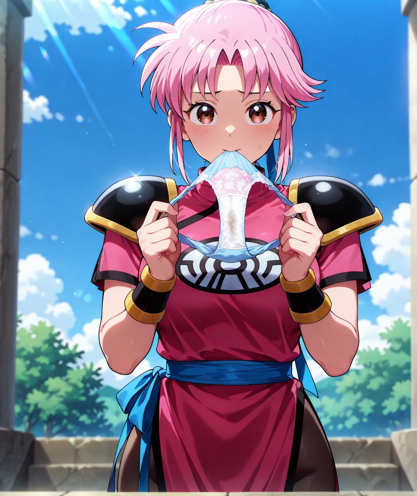 <lora:add-detail-xl:0.5>,,masterpiece, best quality, newest, absurdres, highres, detailed eyes, beautiful, detailed background, perfect eyes, anime coloring, anime screencap,
<lora:Holding_panties:0.5>Holding_pantiesV1,
1girl,underwear,breasts,panties,solo, hands up,
holding panties in mouth,looking at viewer, 
holding panties with both hands, lace panties, 
short sleeves, 
Maam, 
 Battle Costume,  outdoors, sky, day, blue sky,  <lora:JN_Maam_Illus:0.8>
20YO, milf,adult,