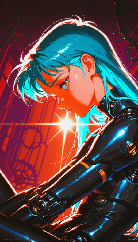 ((absurdres, high_quality, masterpiece)), (dynamic_angle, foreshortening, depth_of_field), blurry_background, (anime_coloring, flat_colors, cel-shaded), (lens_flare), chromatic_aberration, scanlines, (grainy_texture:1.4), (film_grain:1.3), retro_artstyle, 1980s_\(style\), (1990s_\(style\)), vhs_artifacting, halftone, limited_palette, neon_lighting)
(D4rkR3troSc1f1, egirlpfp, 1girl, solo, sitting, long hair, looking at viewer, freckles, multicolored hair, blue hair, cyborg, realistic, aqua hair, science fiction, makeup, artist name, two-tone hair mechanical_parts, short_hair, white_hair, profile, side_view, windswept_hair, exposed_mechanics, wires, gears, circuitry, metal_skin, glowing_interior, (detailed_mechanical_design:1.2), android, melancholic, introspective, minimalist_background, soft_lighting, (backlighting), (glint), retro_artstyle, sci-fi, intricate, elegant, delicate, upper_body, high_contrast, anime_coloring)