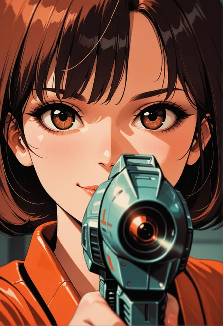 masterpiece, best quality, good quality, very aesthetic, absurdres, newest, 8K, depth of field, focused subject, dynamic angle, close up, portrait, 1girl, slightly smiling. she's looking at the viewer, holding a retro laser gun, sci-fi, illustration, retro,
<lora:ck-70s-scifi-IL:1>
