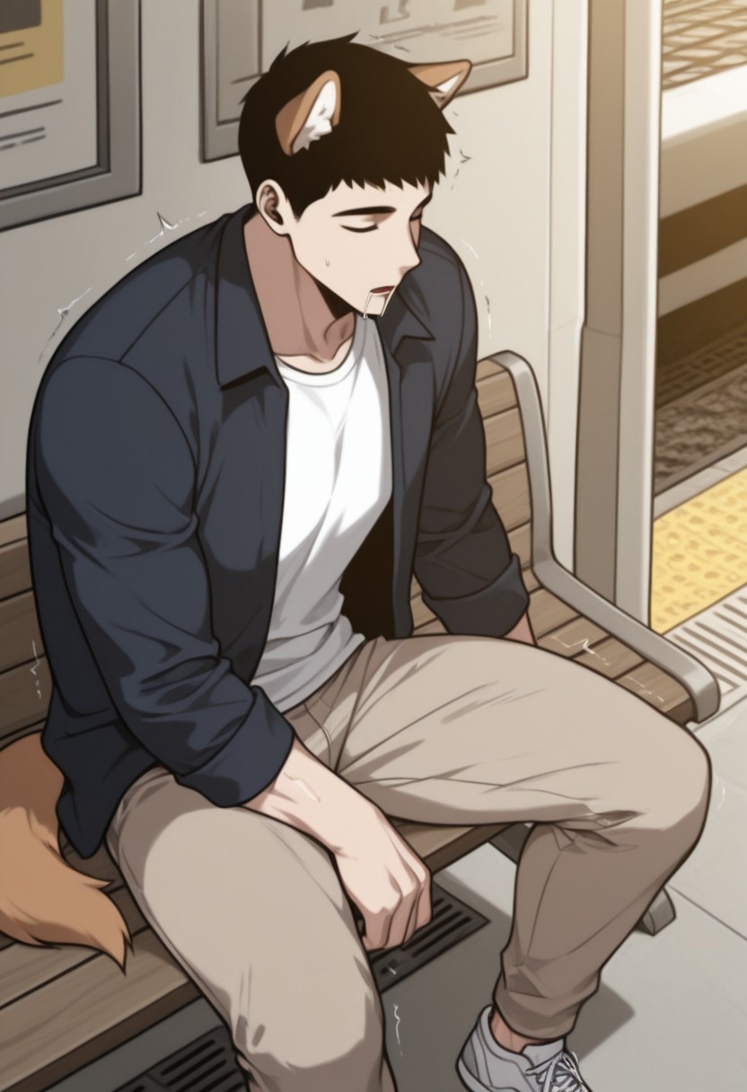 masterpiece, best quality, amazing quality, very aesthetic, absurdres, newest, detailed background, warm natural lighting, lively and bustling atmosphere, background details visible, shiny skin, indoor, train station, chinese background, 
hyunsunglee, 1boy, solo, male focus, short hair, sleeping, muscle body, t-shirt, blazer, brown pants, sneaker, saliva, sitting on bench, motion lines, twitching, (dog ear, dog tail, labrador)