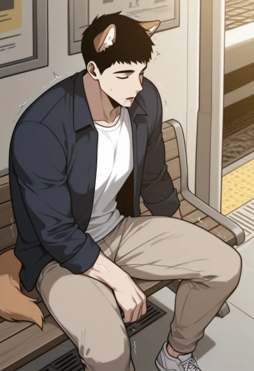 masterpiece, best quality, amazing quality, very aesthetic, absurdres, newest, detailed background, warm natural lighting, lively and bustling atmosphere, background details visible, shiny skin, indoor, train station, chinese background,
hyunsunglee, 1boy, solo, male focus, short hair, sleeping, muscle body, t-shirt, blazer, brown pants, sneaker, saliva, sitting on bench, motion lines, twitching, (dog ear, dog tail, labrador)
