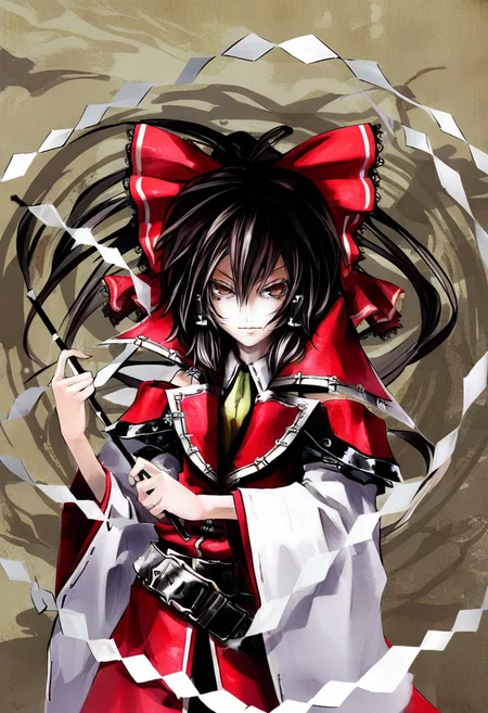 1girl, solo, hakurei reimu, bow, hair bow, belt, gohei, red bow, hair tubes, brown hair, alternate costume, brown eyes, black hair, long hair <lora:banpaiAkiraOSXL_NBVP1_lokr_V6311P:0.95>